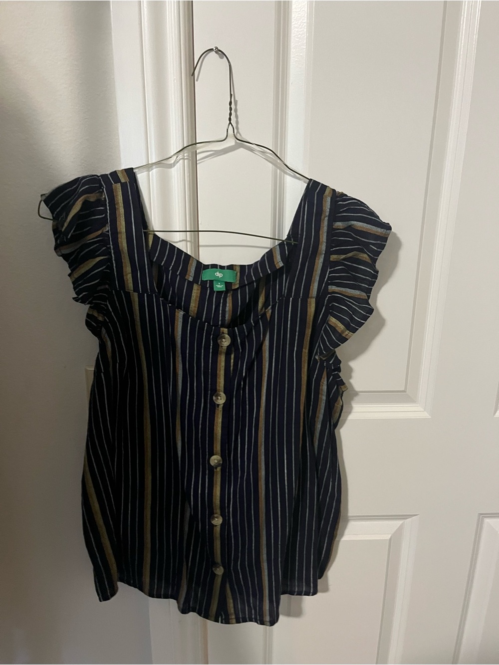 bp Navy and Tan Striped Button-Front Ruffle Sleeve Top